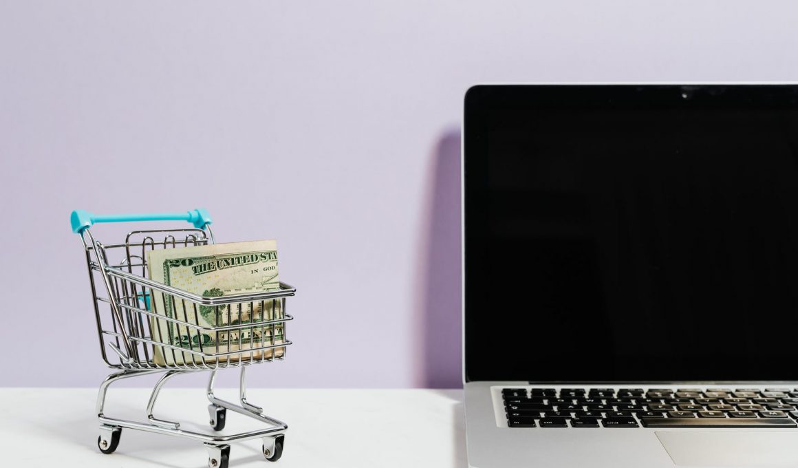 shopping cart next to a laptop