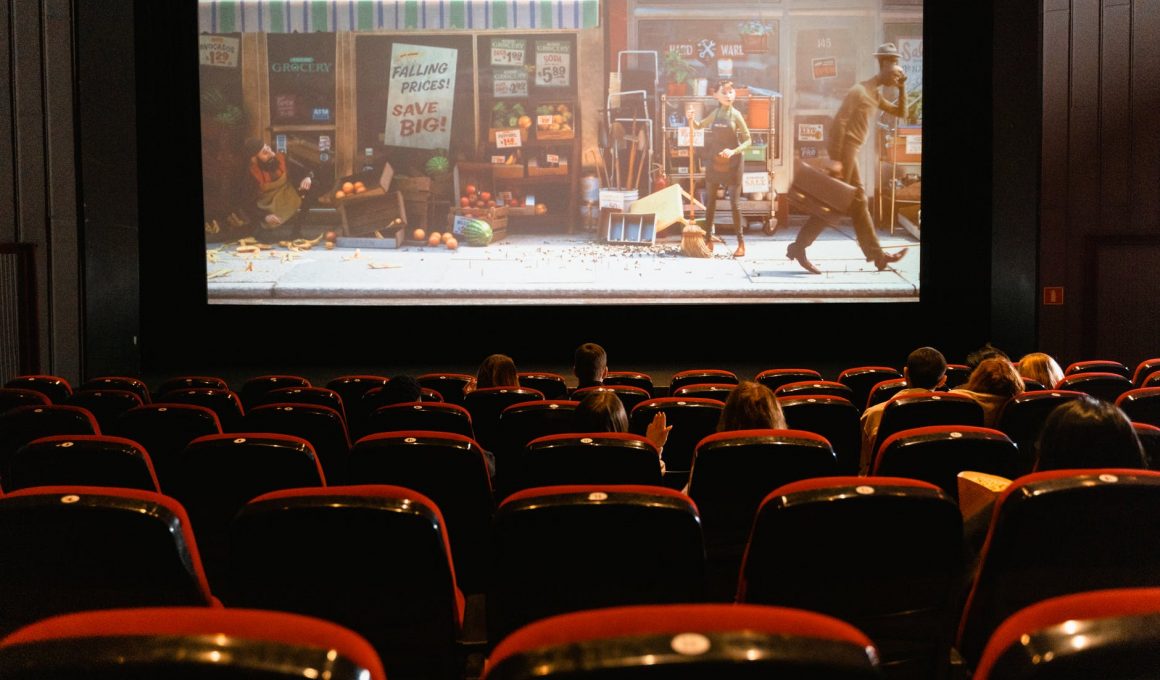 cartoon movie showing on theater screen